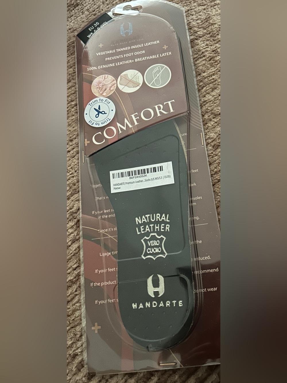 Handarte Genuine Leather Insoles - Size EU 35 / US W 5-5.5 new/sealed